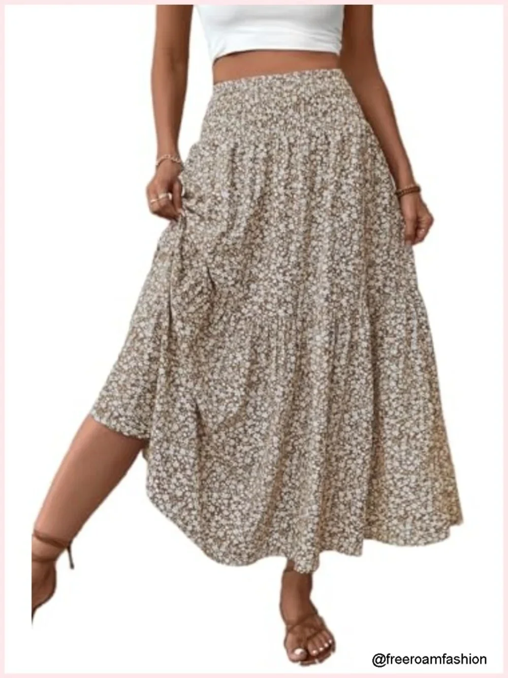 High Waist Smocked Maxi Skirt with Pockets Floral A-Line